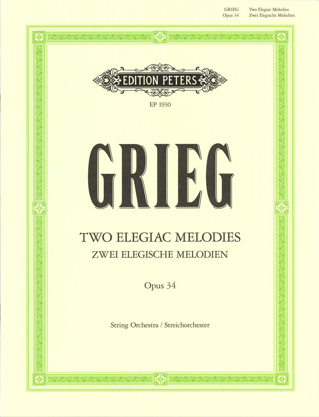 Grieg, Elegische Melodien: Full Score (Peters)