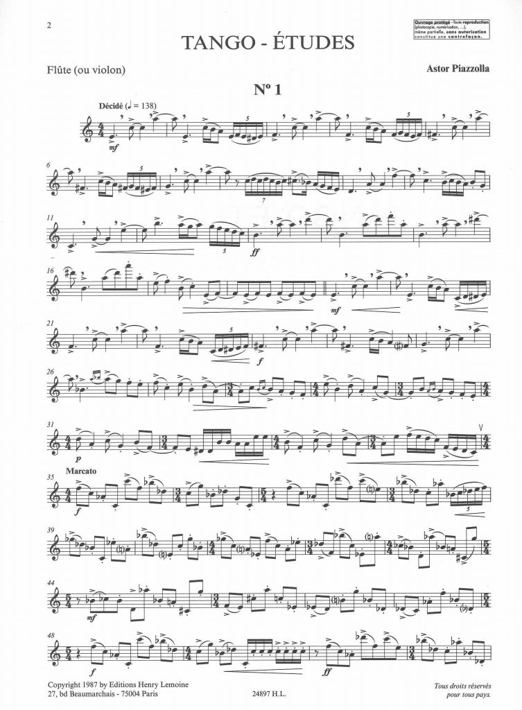 Piazzolla, 6 Tango-Etudes (Fl/Vn Solo) (Lemoine)