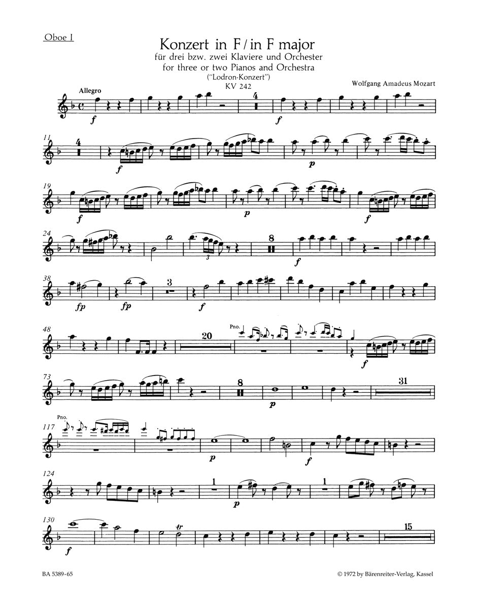 Mozart, Concerto KV 242 Wind Set (Barenreiter)
