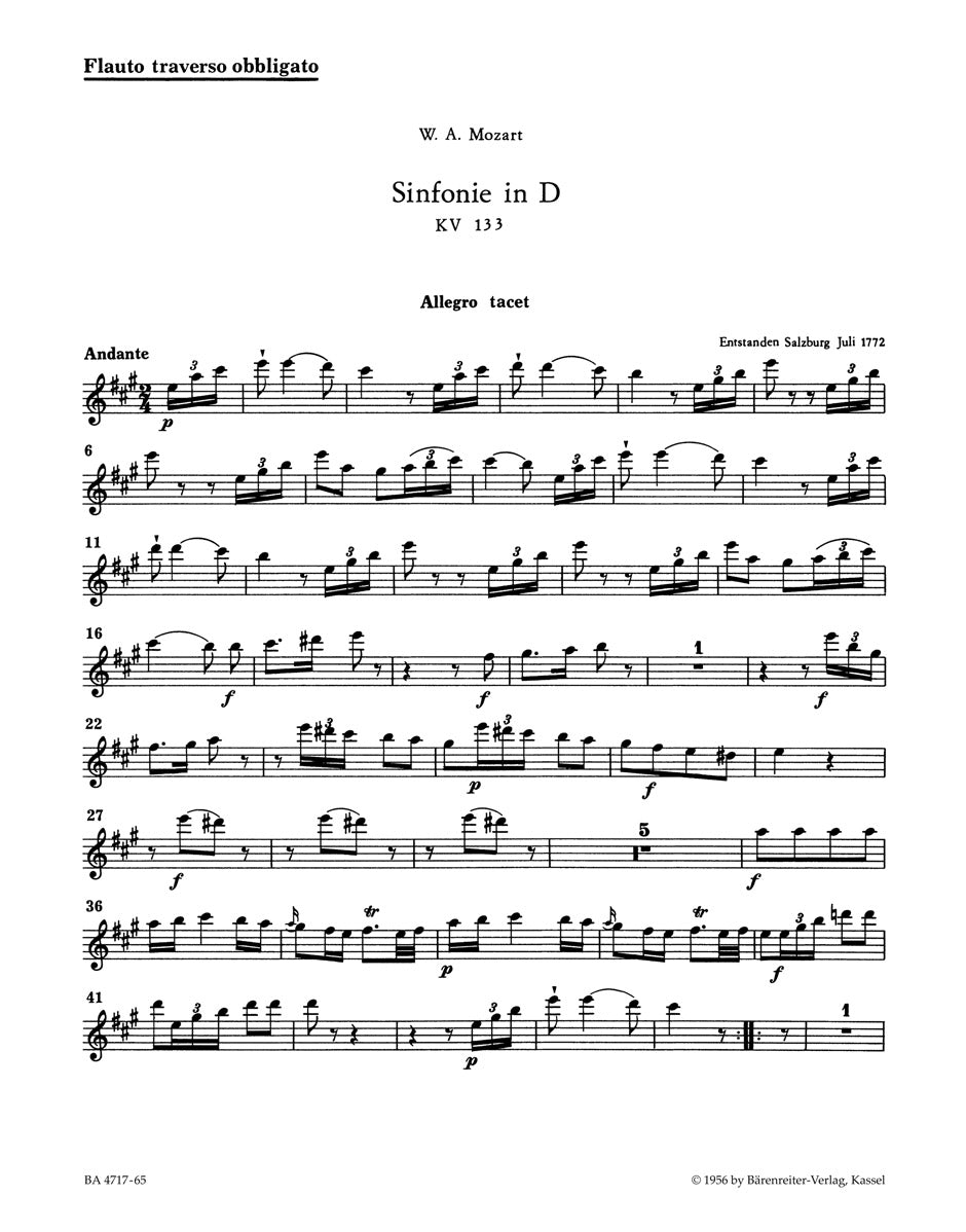 Mozart, Symphony No. 20 KV 133 Wind Set (Barenreiter)