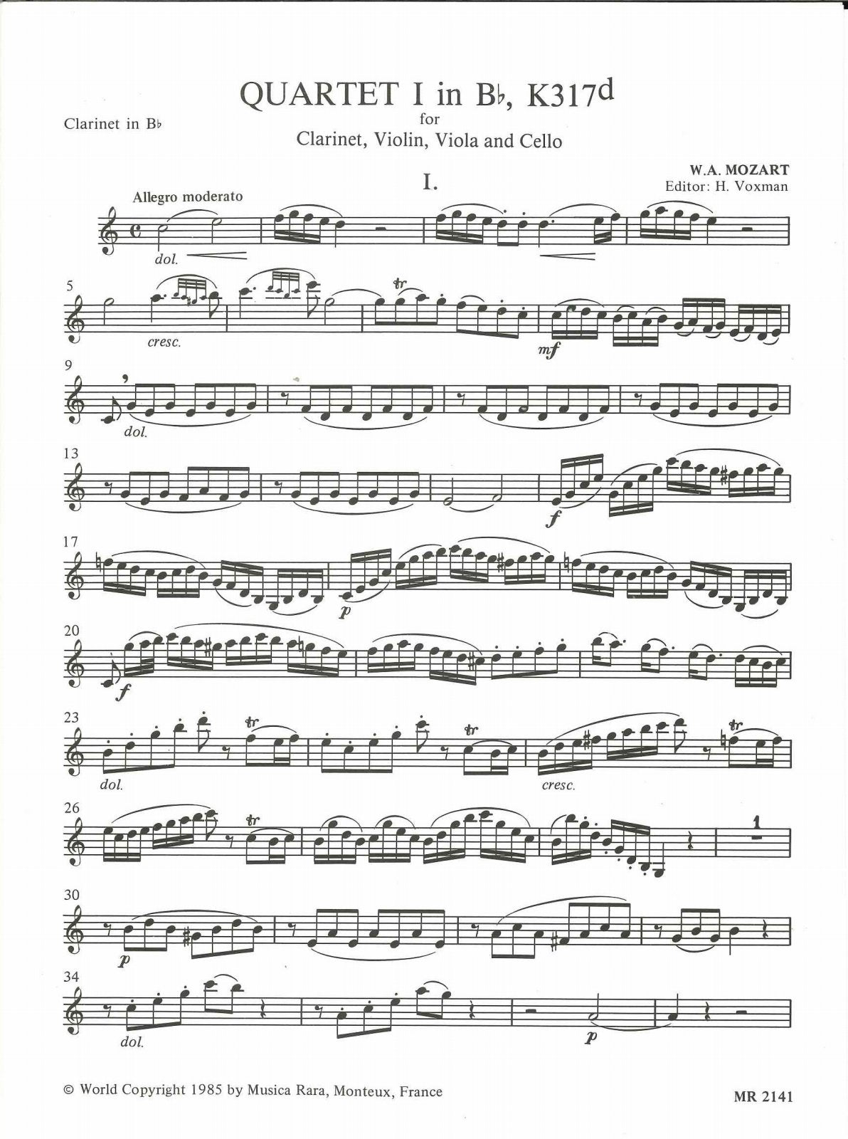 Mozart, Quartet KV 317d in Bb (Cl,Str) (Musica Rara)