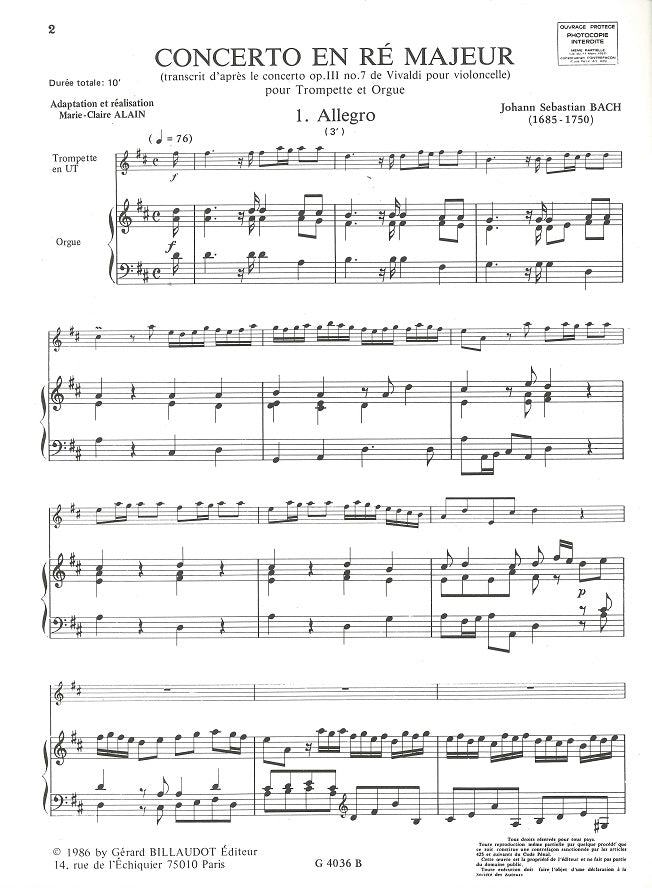 Bach, Concerto en Re BWV 972 (Trp,Org) (Billaudot)