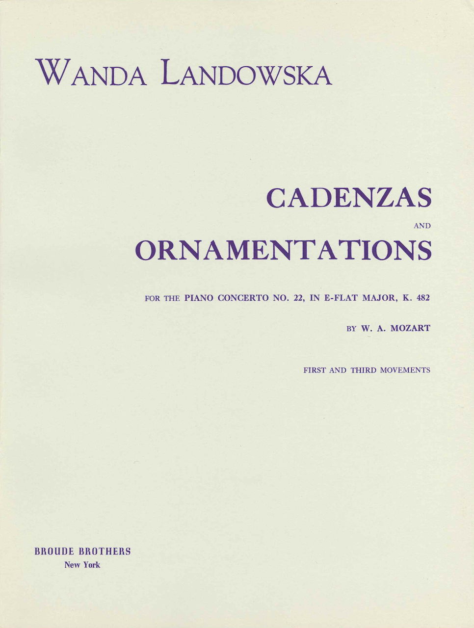 Mozart/Landowska,Concerto No.22,Cadenzas (Broude Bros.)