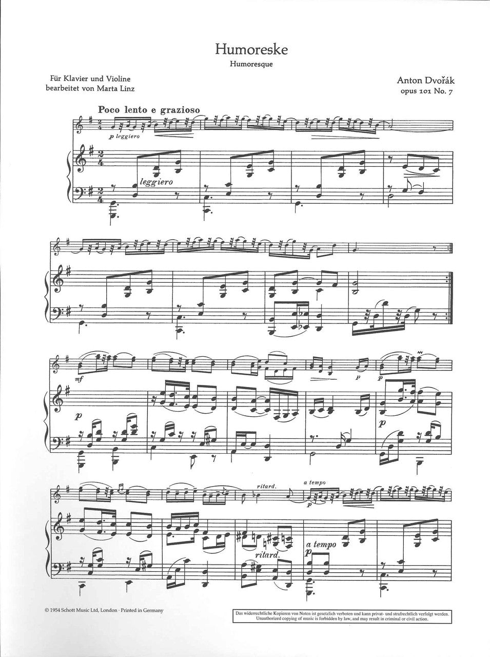 Dvorak, Humoresque in G (arr. Linz) (Schott)