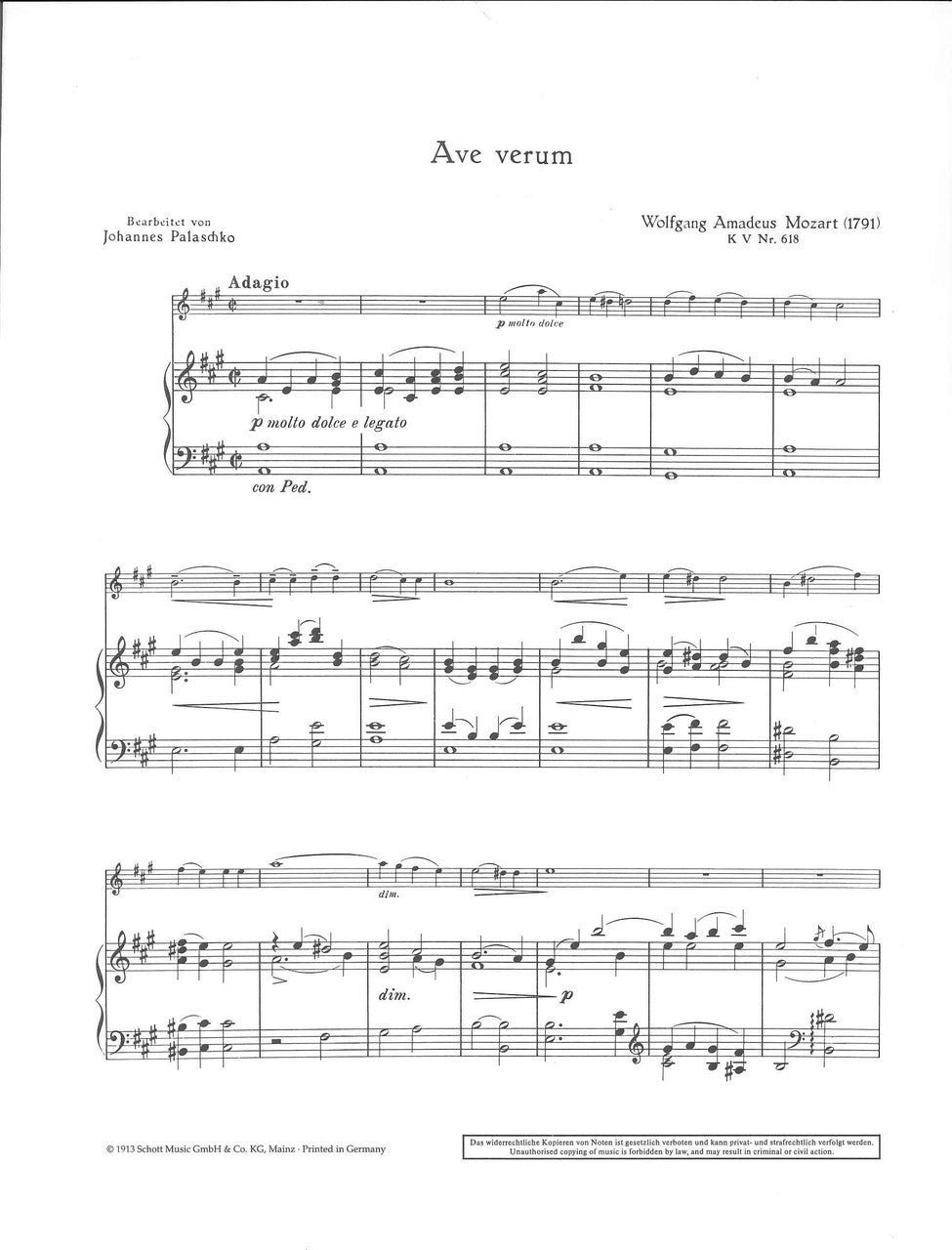Mozart, Ave verum KV 618 (Vn/Vc,Pf) (Schott)