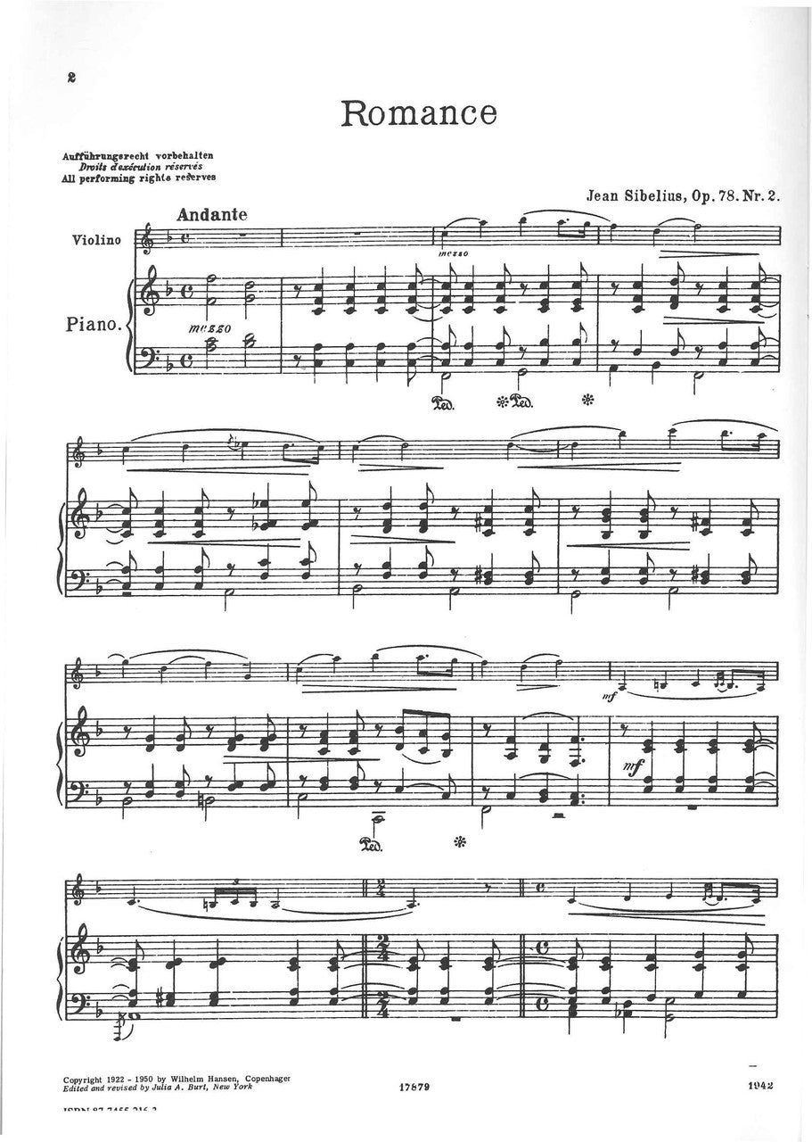 Sibelius, Romance op. 78/2 (Vn/Vc,Pf) (W.Hansen)