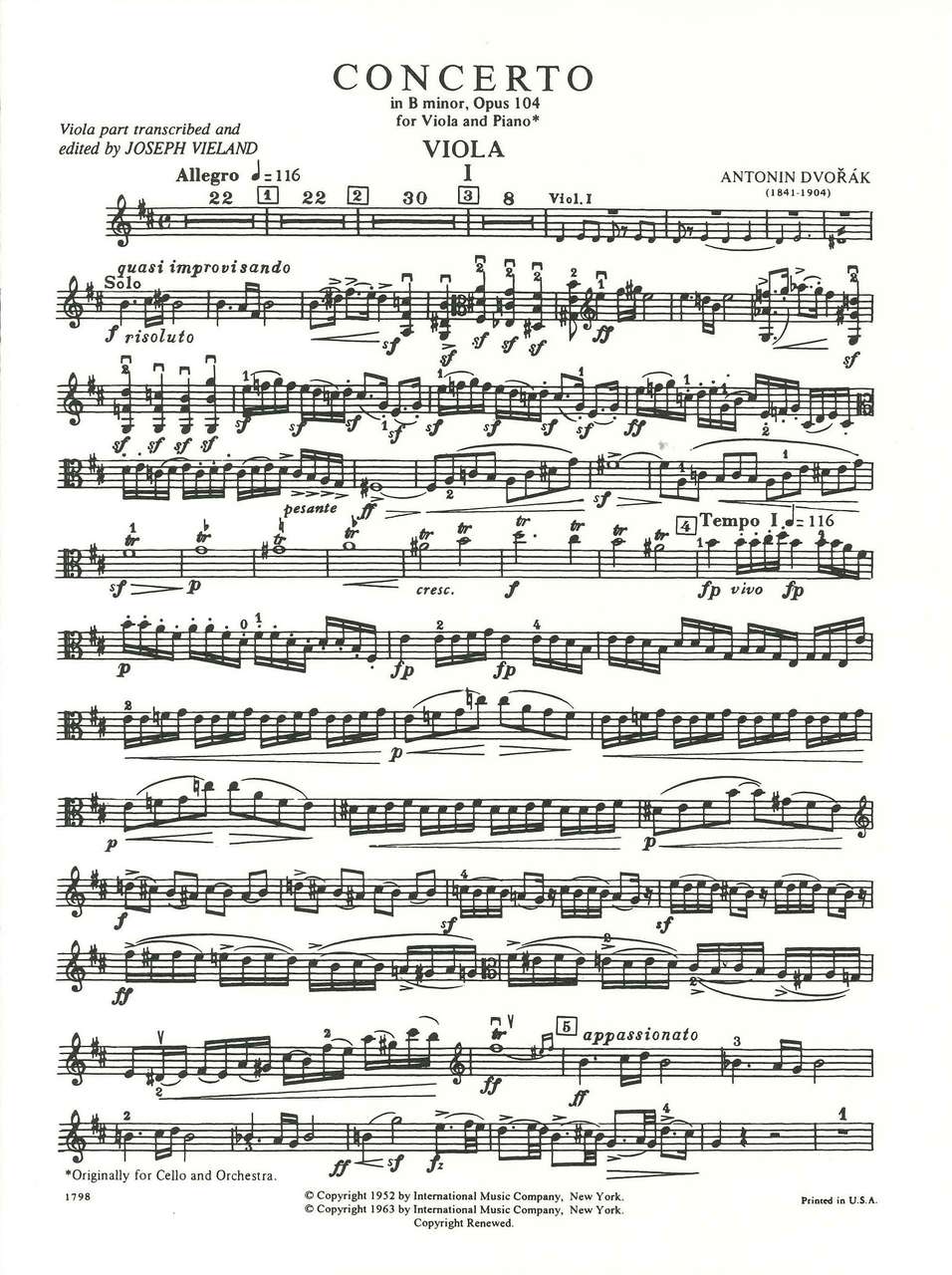 Dvorak, Cello Concerto (Vieland) (Va,Pf) (IMC)