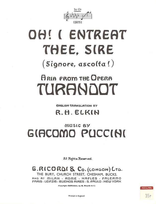 Puccini, Turandot, Signore, ascolta! (S) (Ricordi)