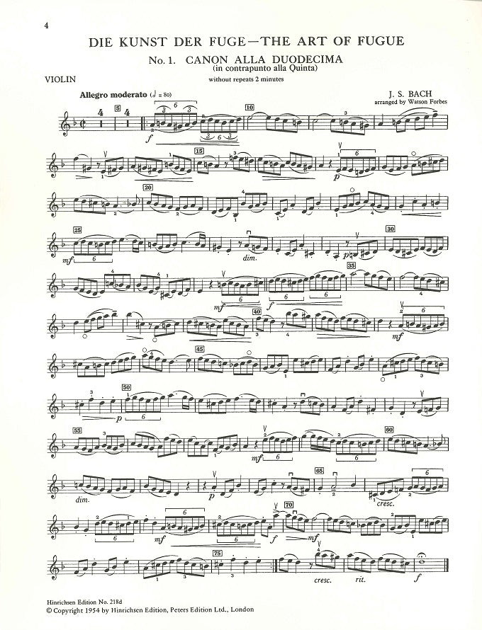 Bach, Kunst der Fuge, 2 Kanons (Vn,Vc) (Peters)