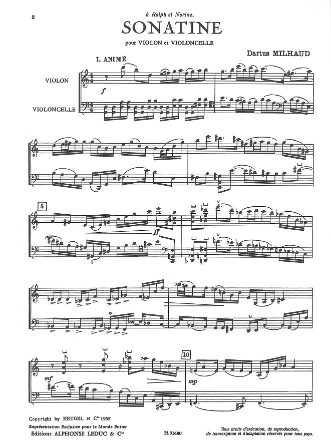 Milhaud, Sonatine op. 324 (Vn,Vc) (Heugel)