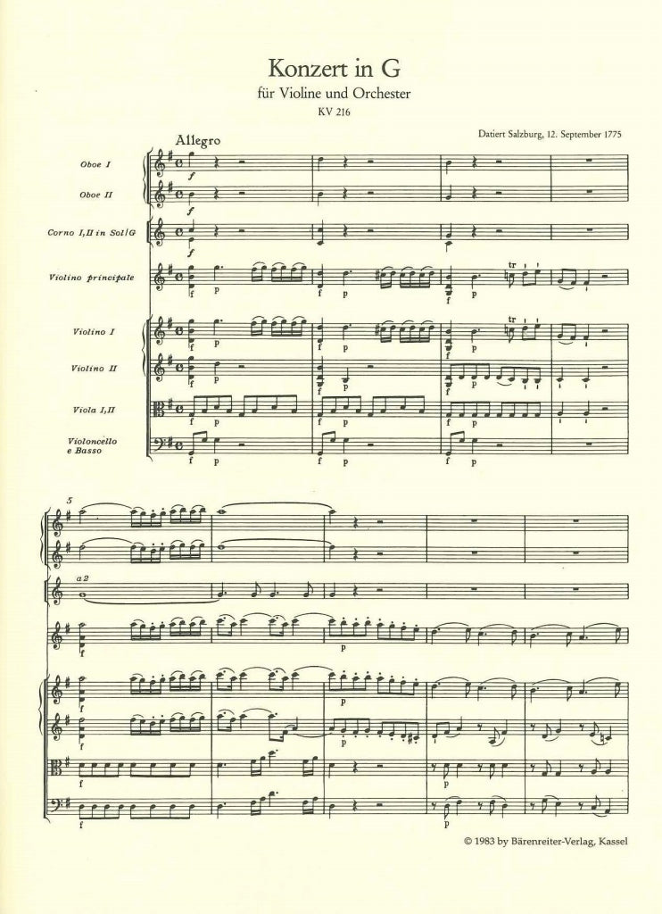 Mozart, Concerto for Violin KV 216 in G (Barenreiter)