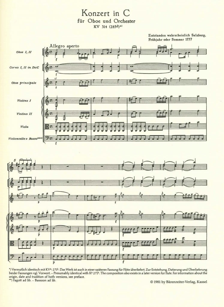 Mozart, Concerto for Oboe KV 314 in C (Barenreiter)