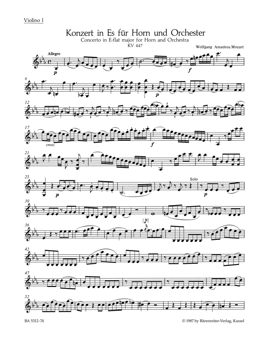Mozart, Concerto for Horn KV 447 Vn I (Barenreiter)