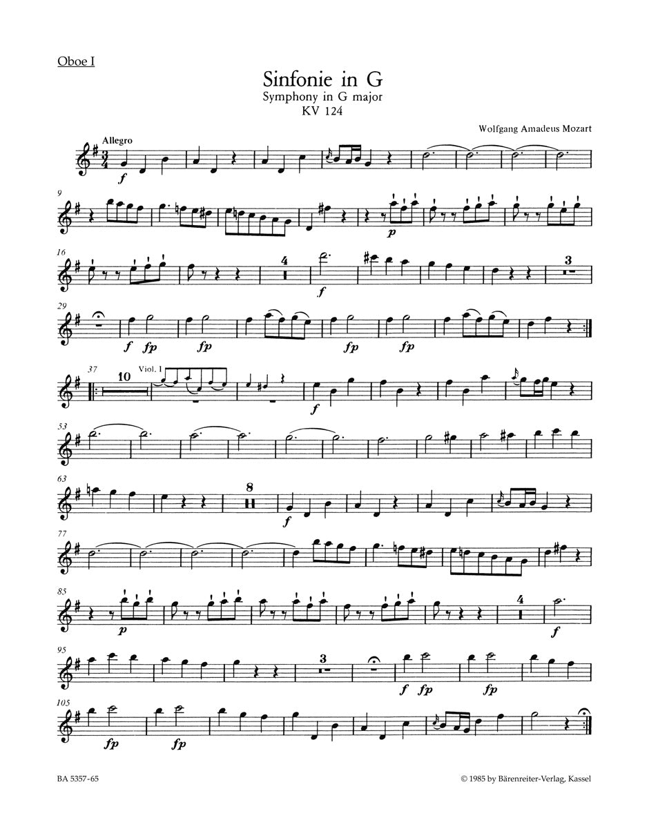 Mozart, Symphony No. 15 KV 124 Wind Set (Barenreiter)