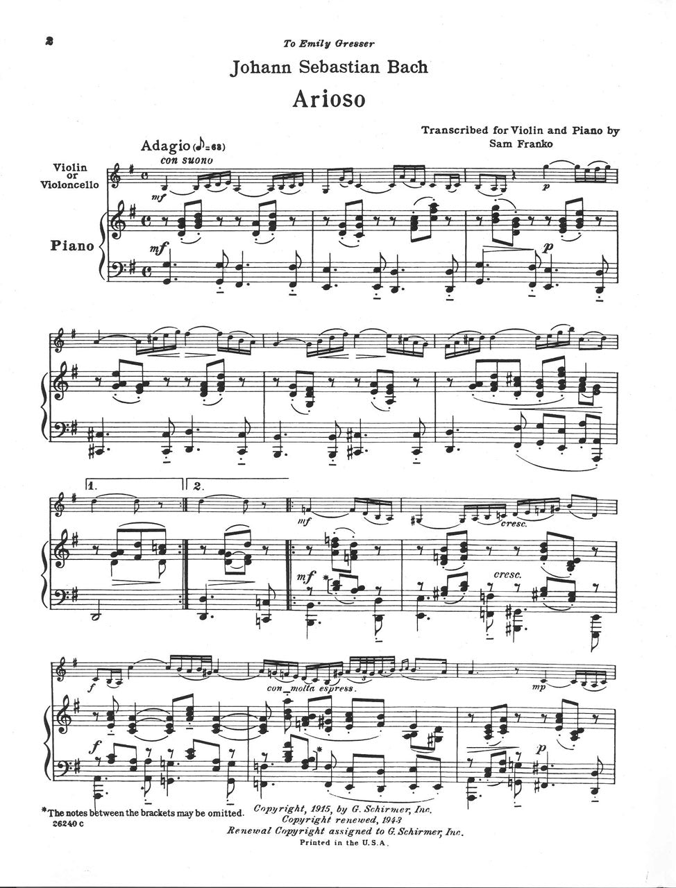 Bach, Arioso (Vn/Vc,Pf) (G.Schirmer)