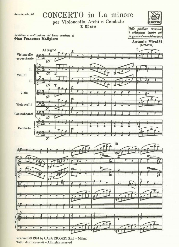 Vivaldi, Concerto in a, F 3/18, RV 418 (Ricordi)