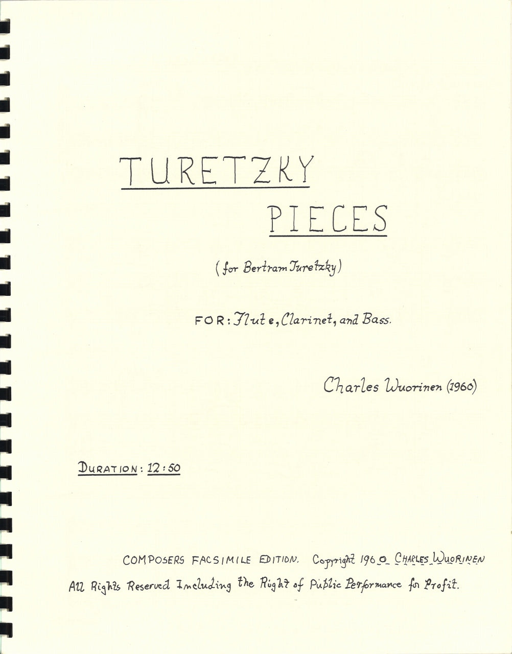 Wuorinen, Turetzky Pieces (Fl/Cl/CB) (Peters)