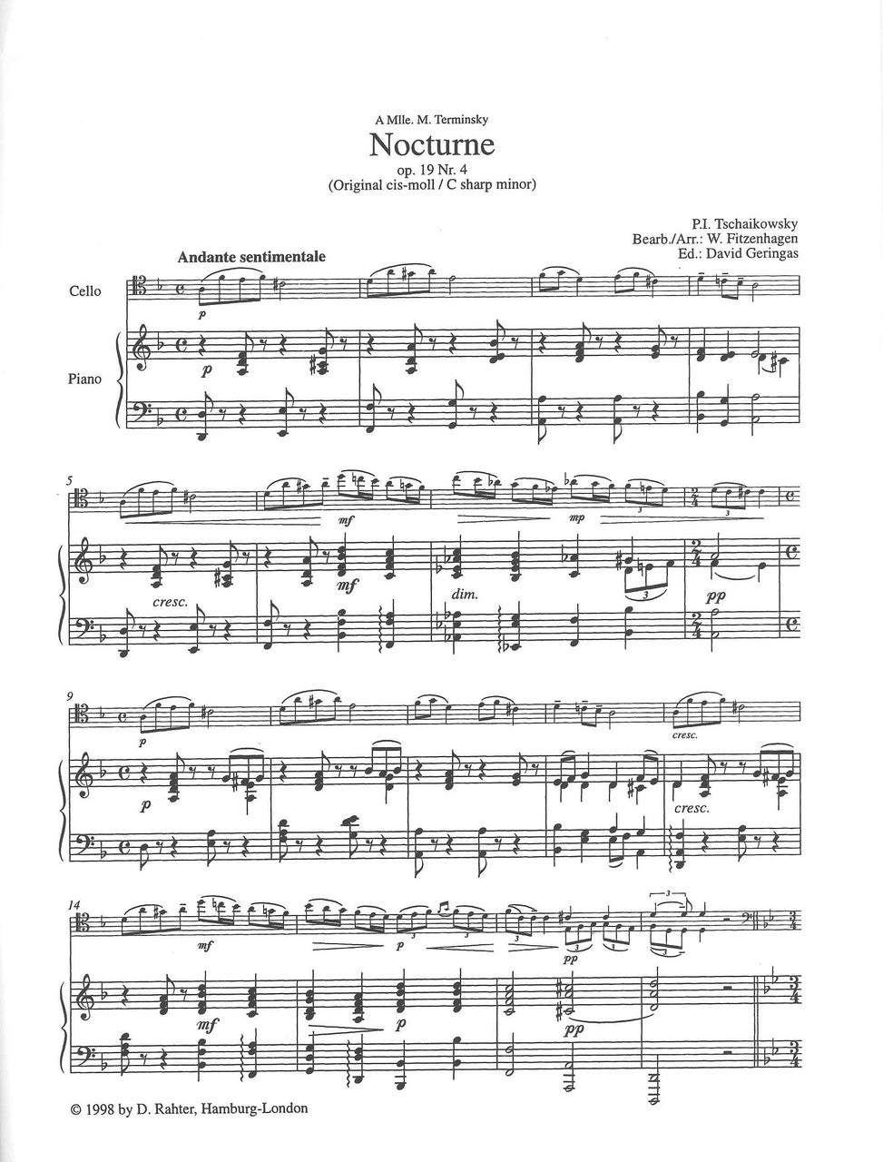 Tchaikovsky fur Cello 2: Andante cantabi (Simrock)
