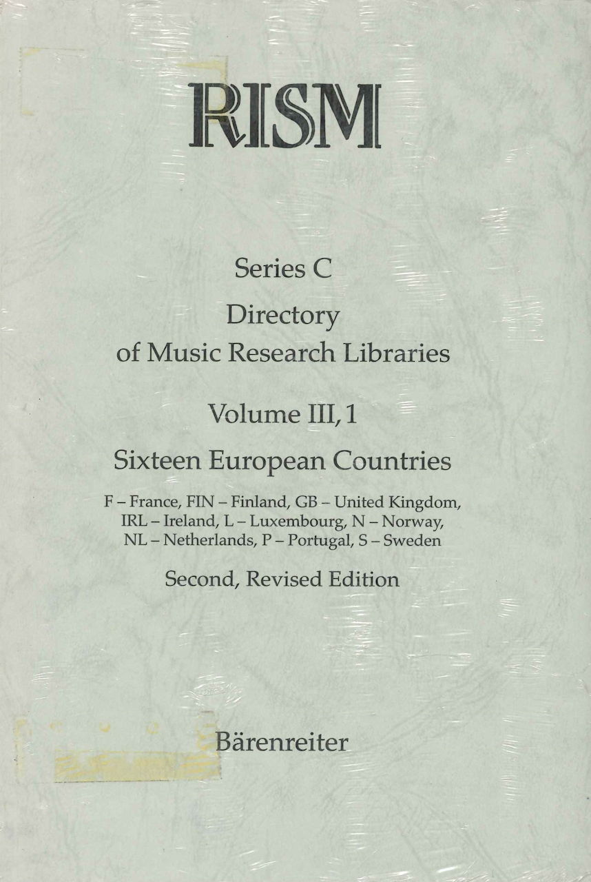 RISM Series C, Vol.III/1. 2nd rev. ed. (Barenreiter)