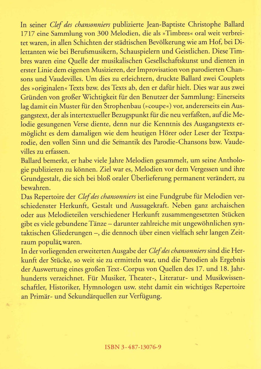 Clef des Chansonniers 1717 (rev.ed.) (Olms)