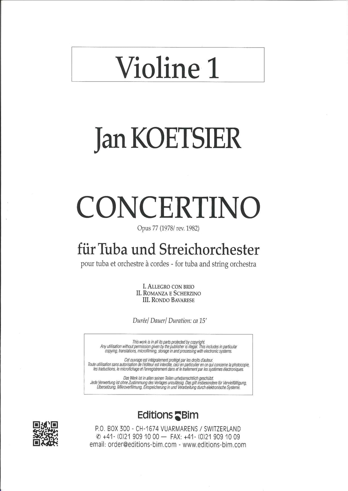 Koetsier, Concertino fur Tuba; Parts (Bim)