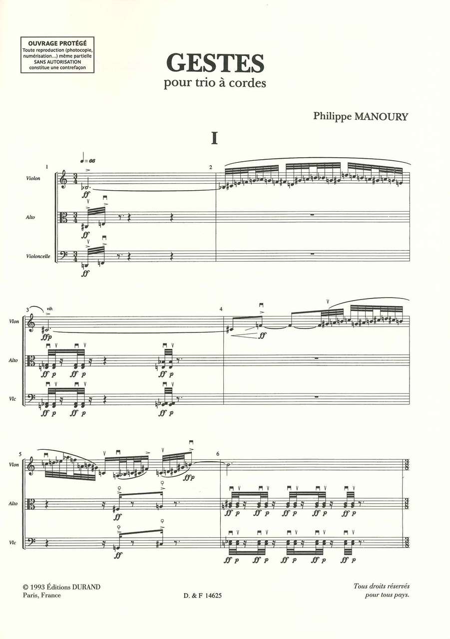 Manoury, Gestes, pour trio a cordes (Durand)