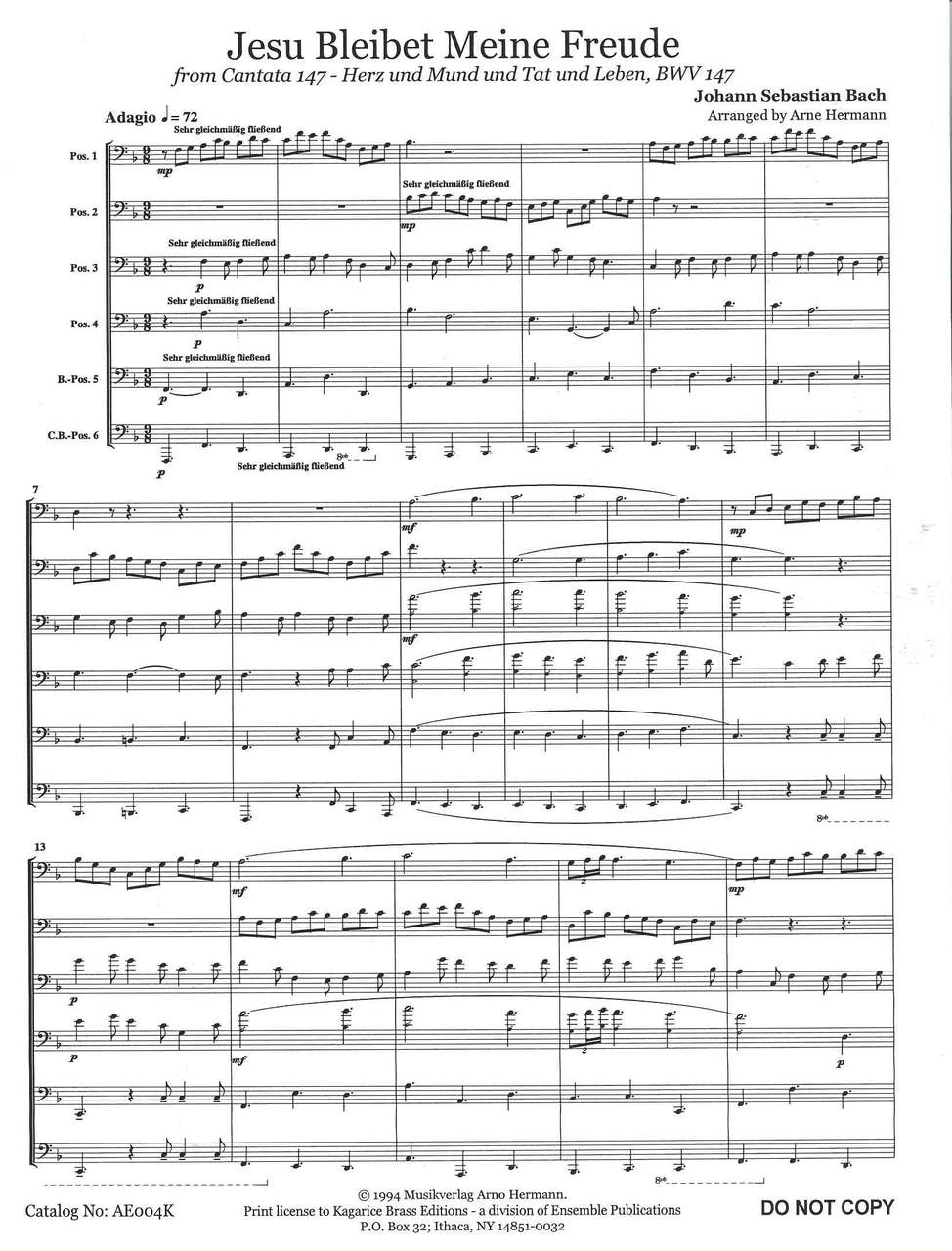 Bach, Jesu bleibet meine Freude (6Tbn) (Kagarice Brass Editions)