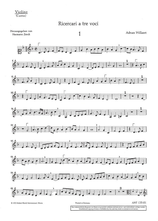 Willaert, Ricercari a 3 (Canto/Vn) (Schott)
