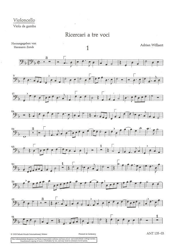 Willaert, Ricercari a 3 (Vc/VdG) (Schott)