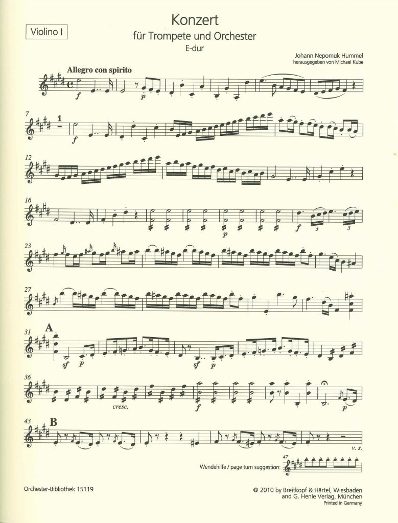 Hummel, Concerto for Trumpet in E maj. (Henle/Breitkopf)