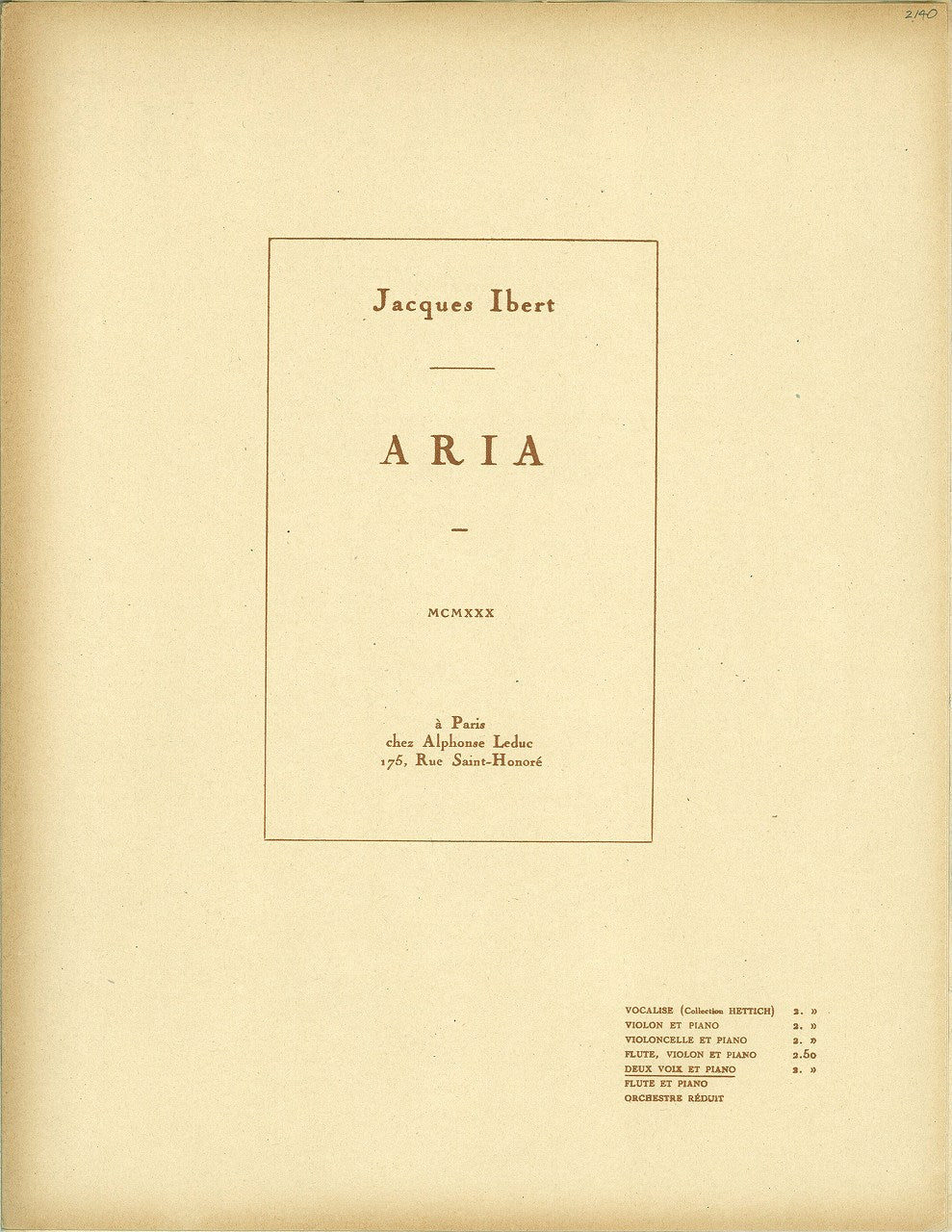 Ibert, Aria (2Vo,Pf) (Leduc)