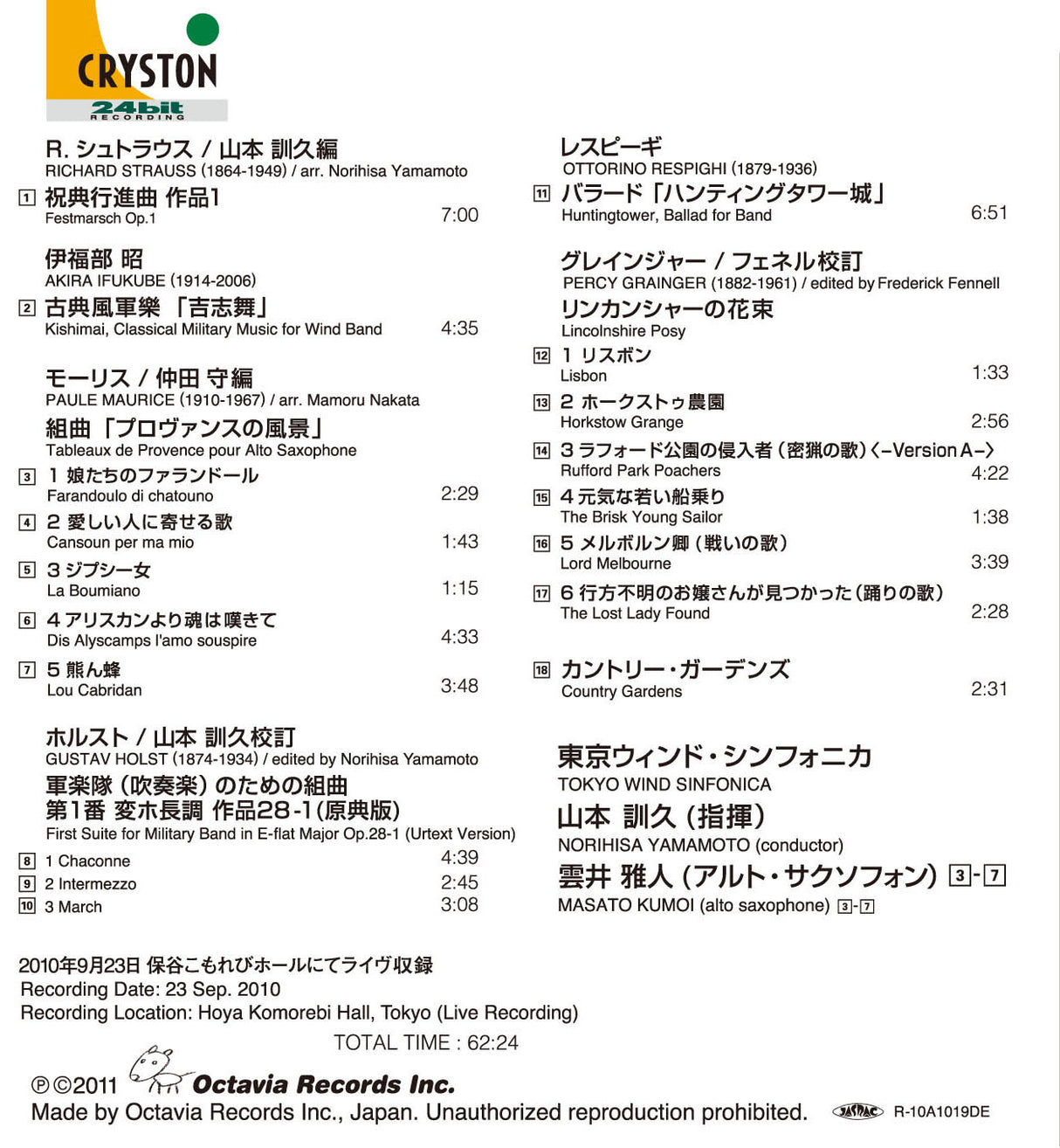 ホルスト:組曲第1番(原典版)(CD) (Octavia Records)