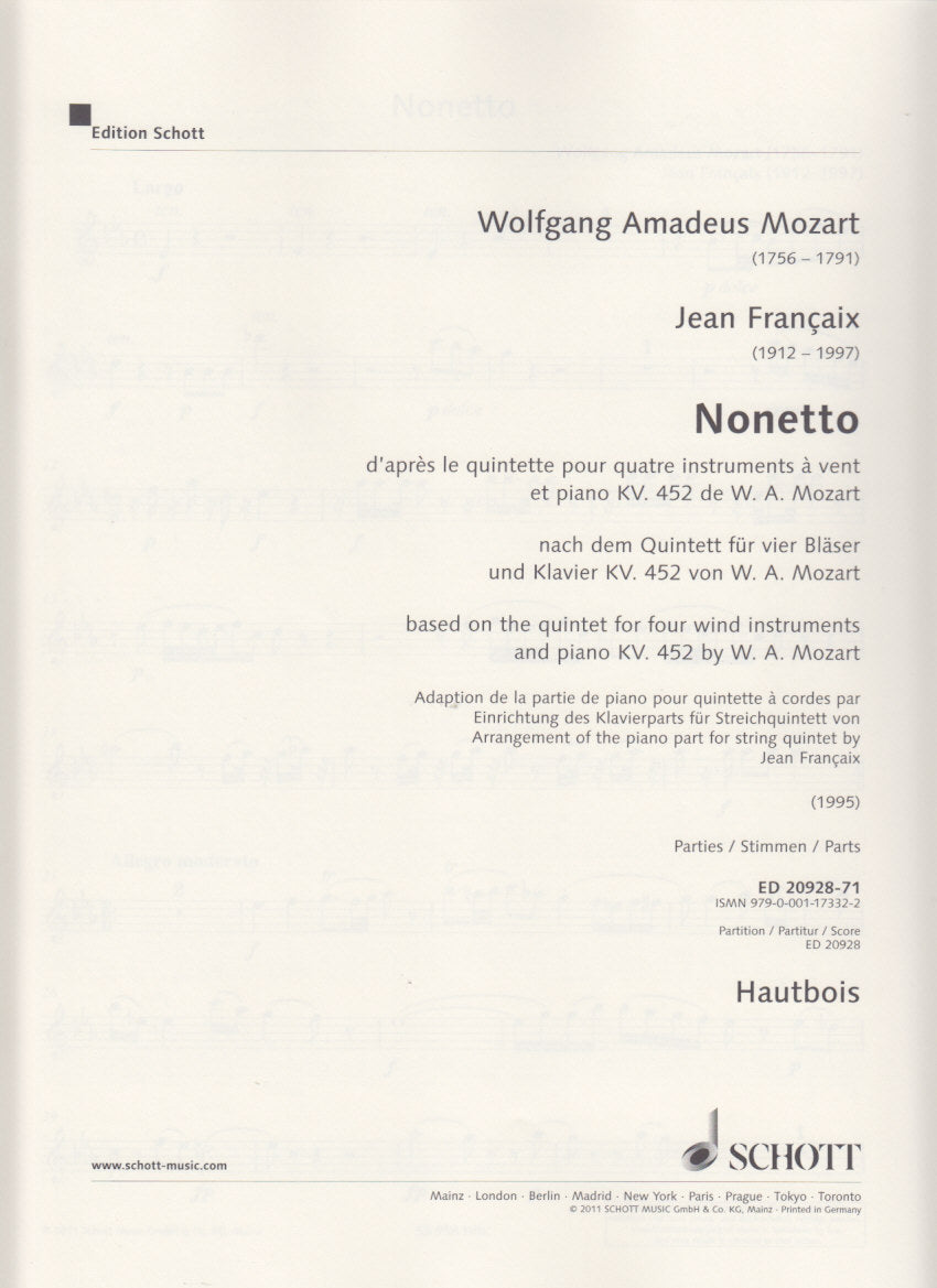 Mozart, Nonetto d'apres KV 452 (Parts) (Schott)