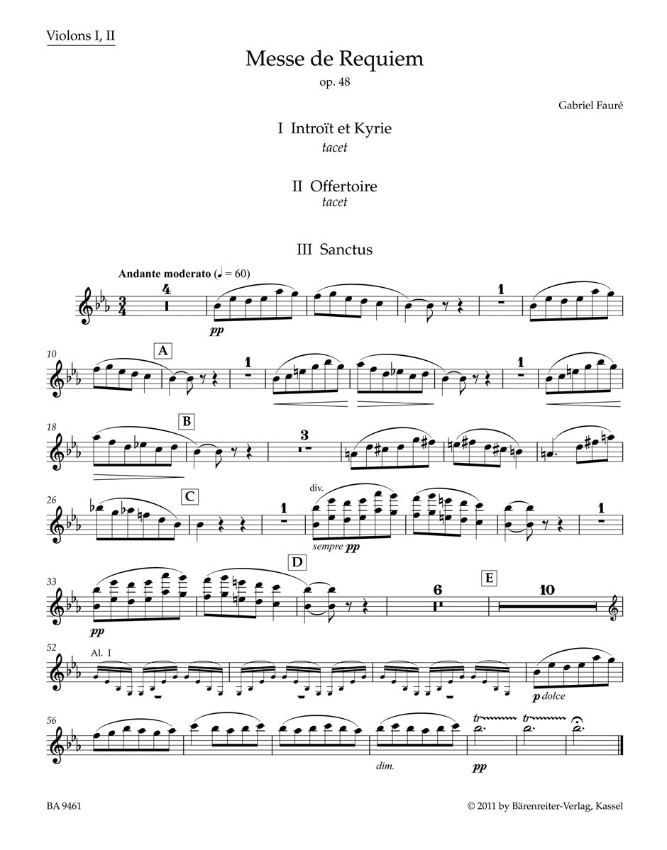 Faure, Requiem: Violin I/II (Barenreiter)