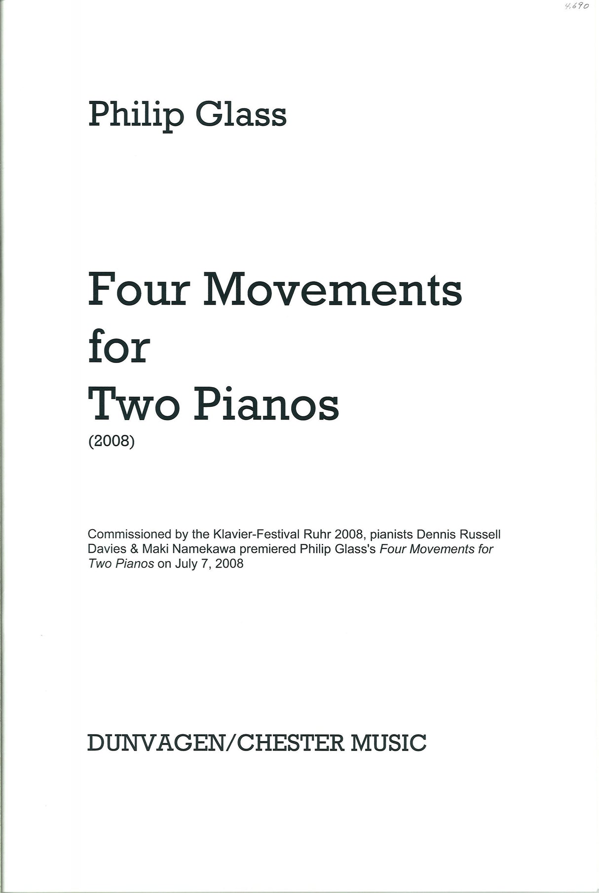 Glass, 4 Movements for 2 Pianos (Dunvagen/Chester)