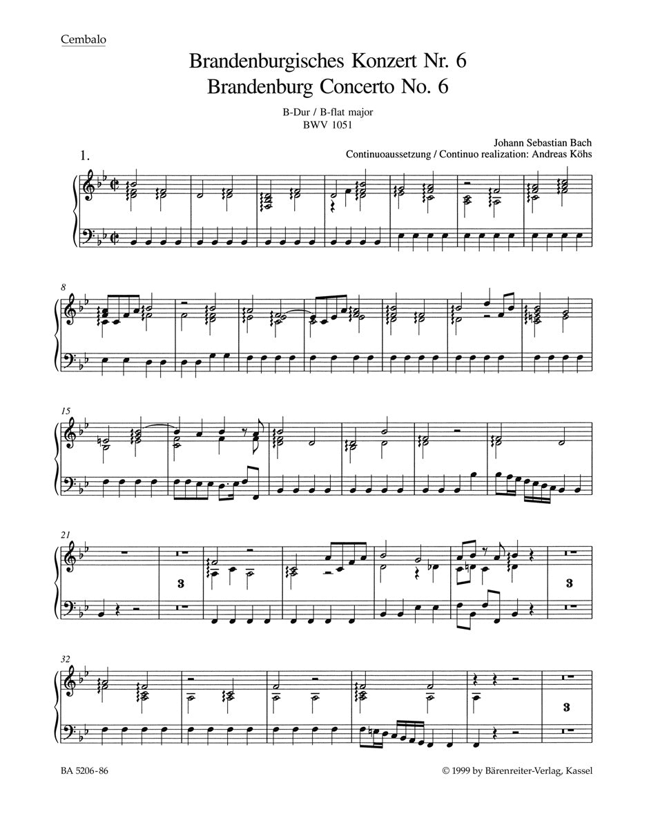 Bach, Brandenburg Concerto 6: Cemb/Bc (Barenreiter)