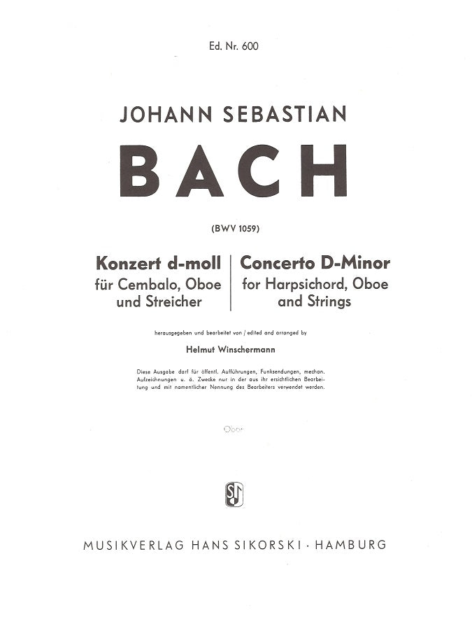 Bach, Concerto BWV 1059 in d (Oboe) (Sikorski)