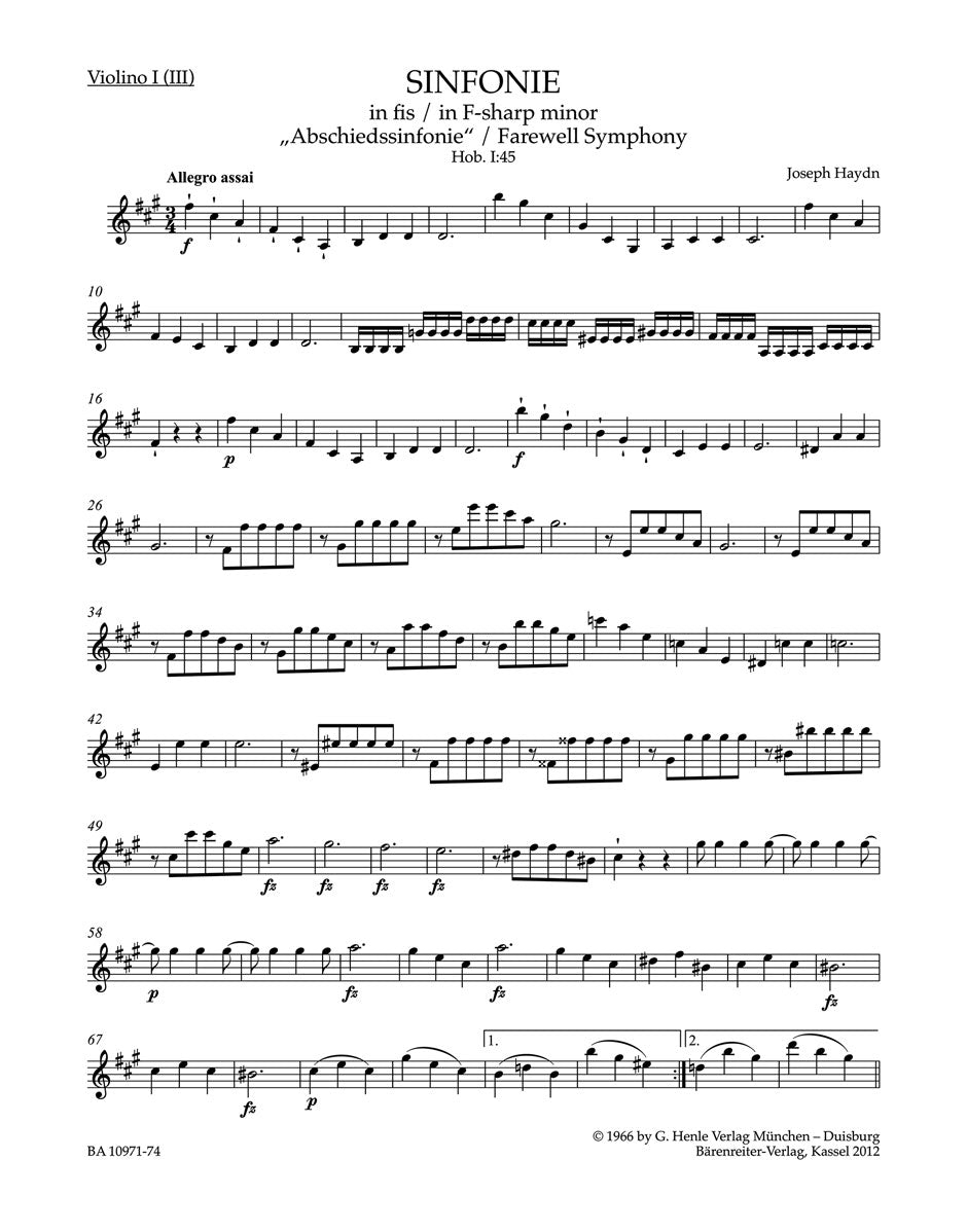Haydn, Symphony No. 45: Violin I/III (Barenreiter)