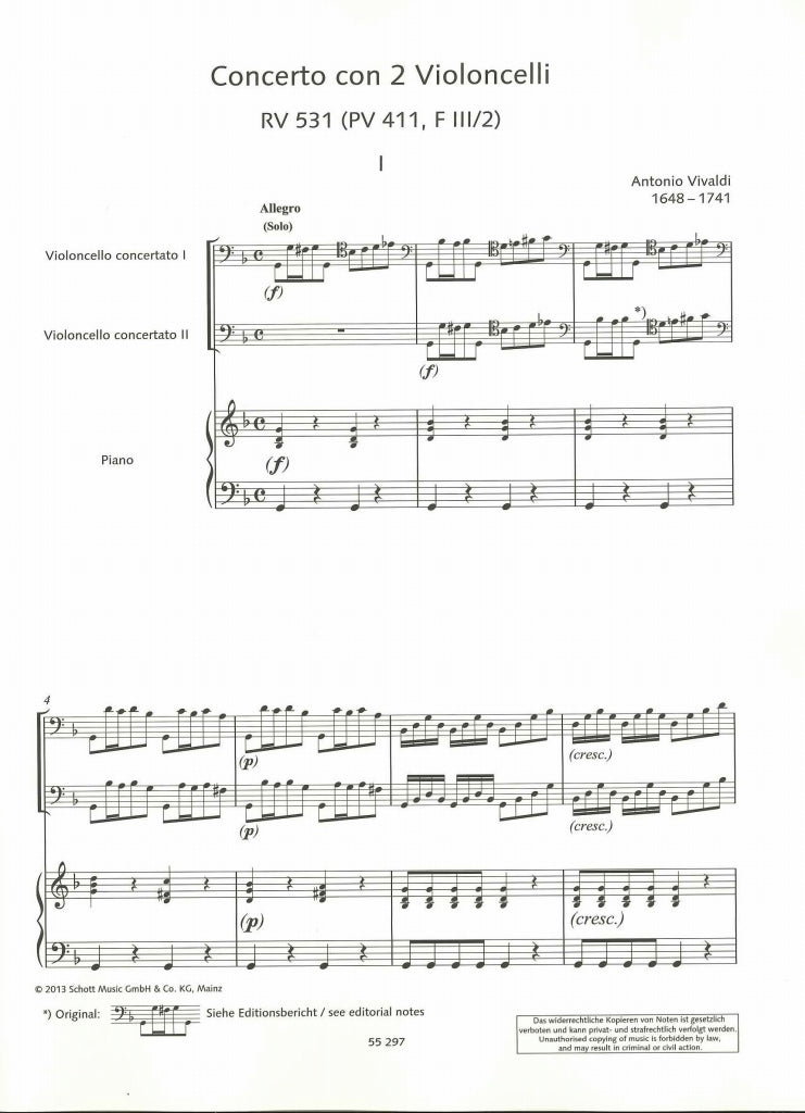 Vivaldi, Concerto in g, RV 531 (2Vc,Kbd) (Schott)