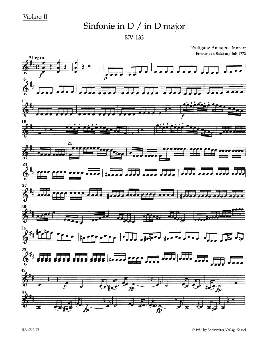 Mozart, Symphony No. 20 KV 133 Vn II (Barenreiter)