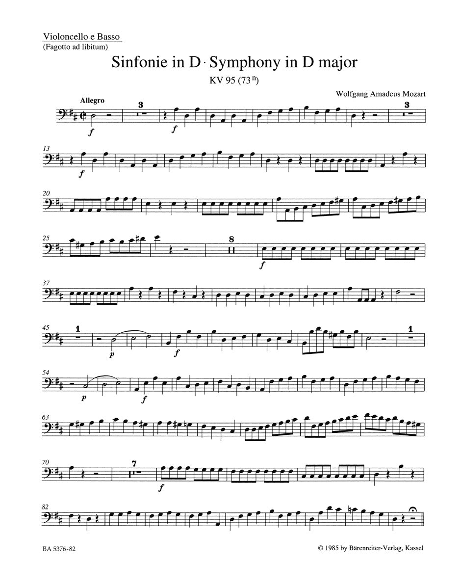 Mozart, Symphony KV 95(73n) Vc/CB/Bn (Barenreiter)