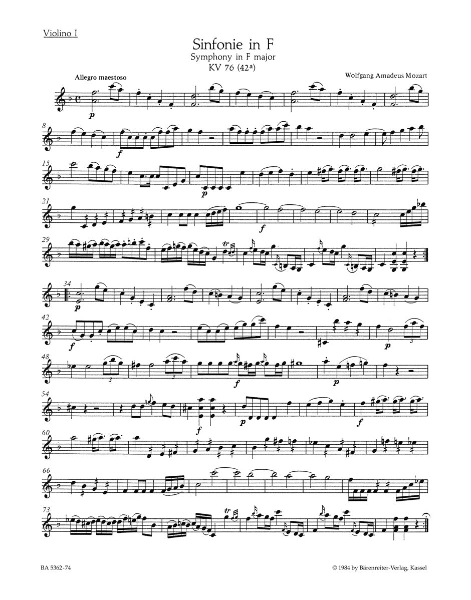 Mozart, Symphony KV 76(42a) Vn I (Barenreiter)