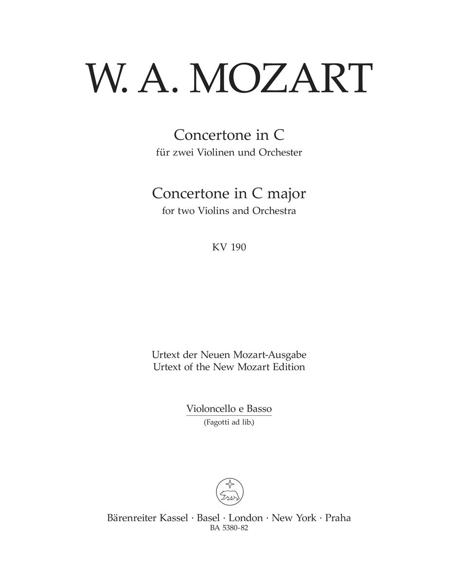 Mozart, Concertone KV 190 in C Vc/CB (Barenreiter)
