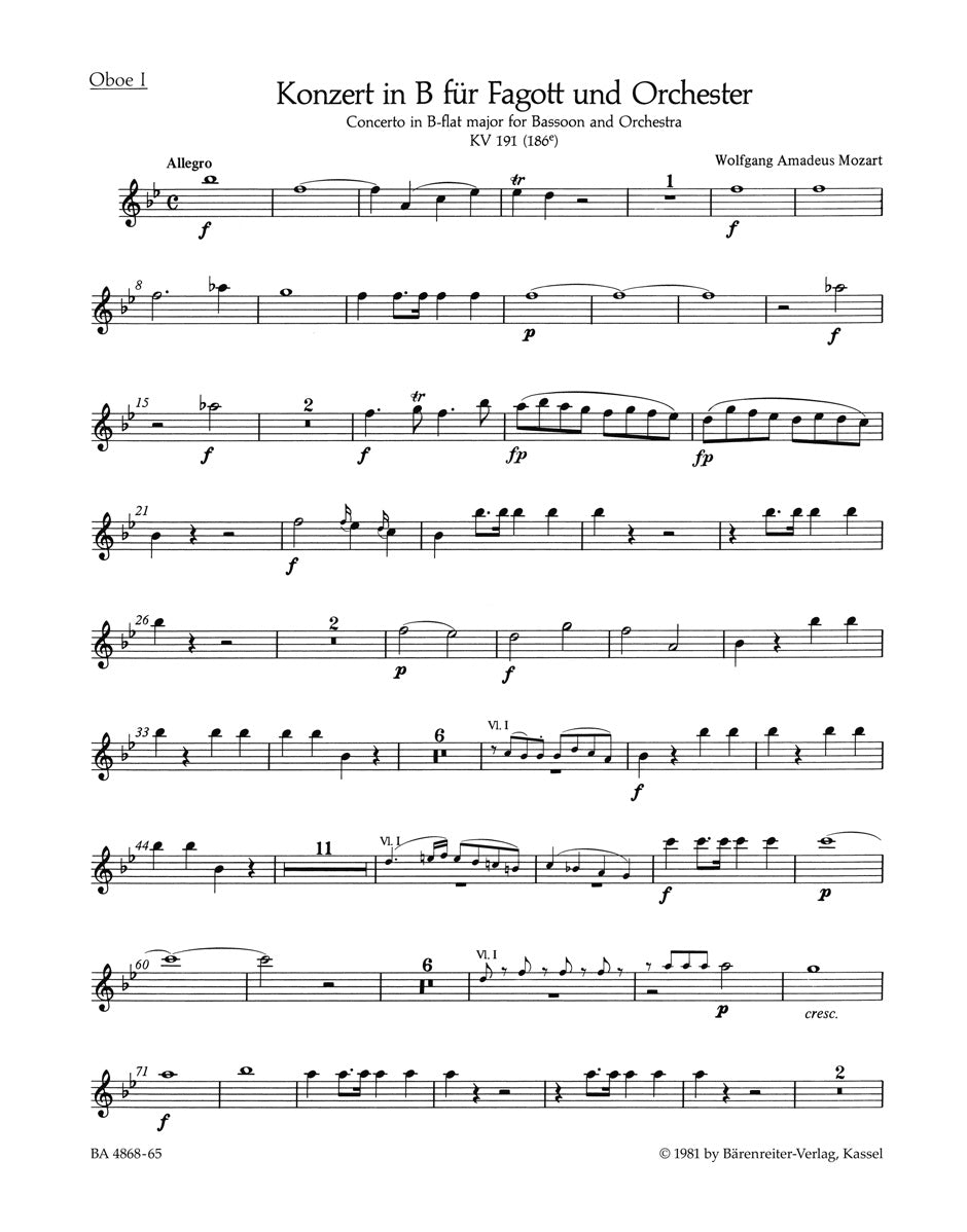 Mozart, Concerto KV 191 in Bb Wind Set (Barenreiter)