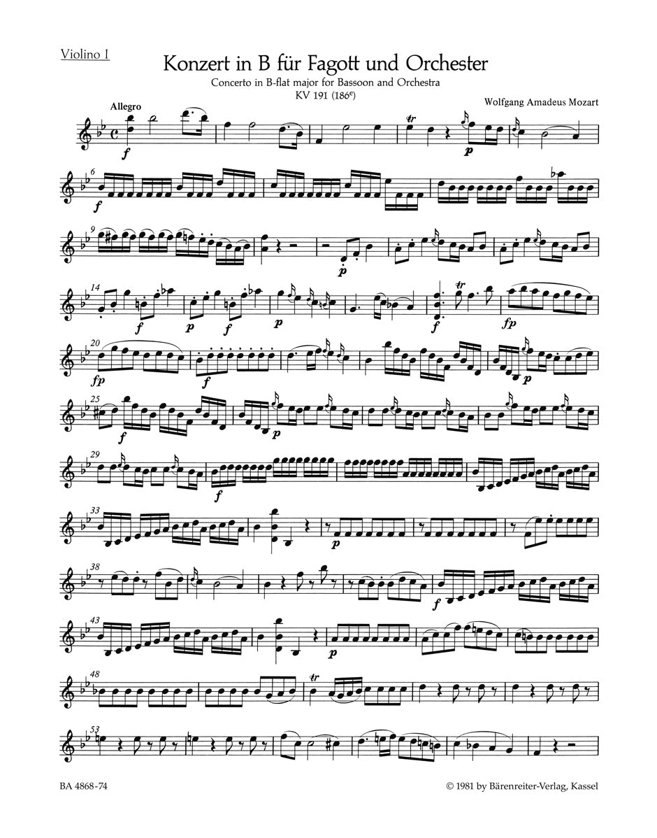 Mozart, Concerto KV 191 in Bb Vn I (Barenreiter)