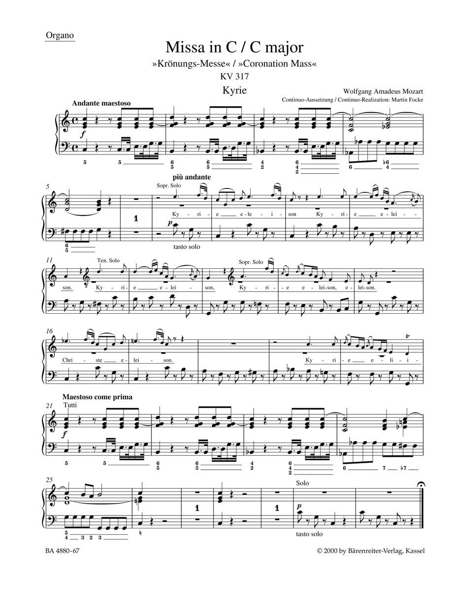 Mozart, Missa KV 317 in C Organ (Barenreiter)
