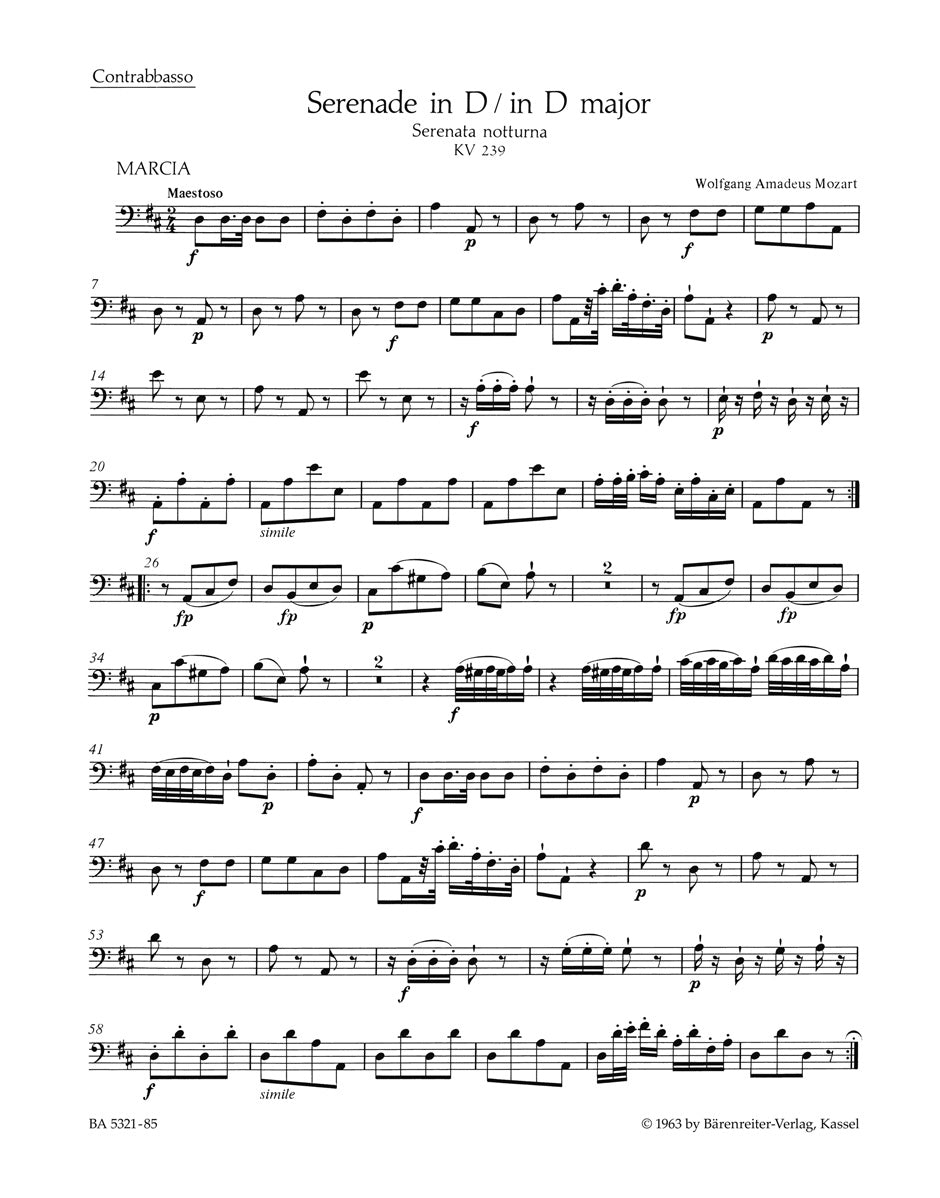 Mozart, Serenade KV 239 in D: Contrabass (Barenreiter)