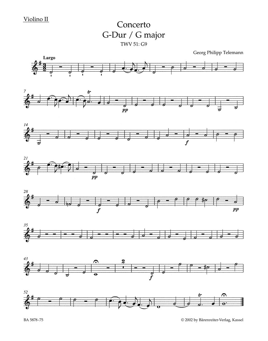 Telemann, Concerto for Viola in G: Vn II (Barenreiter)