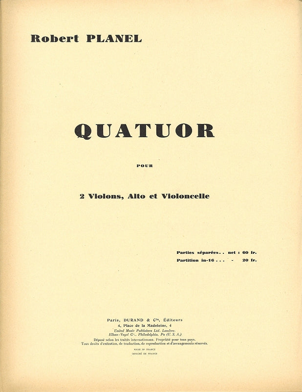 Planel, Quatuor a cordes (Durand)
