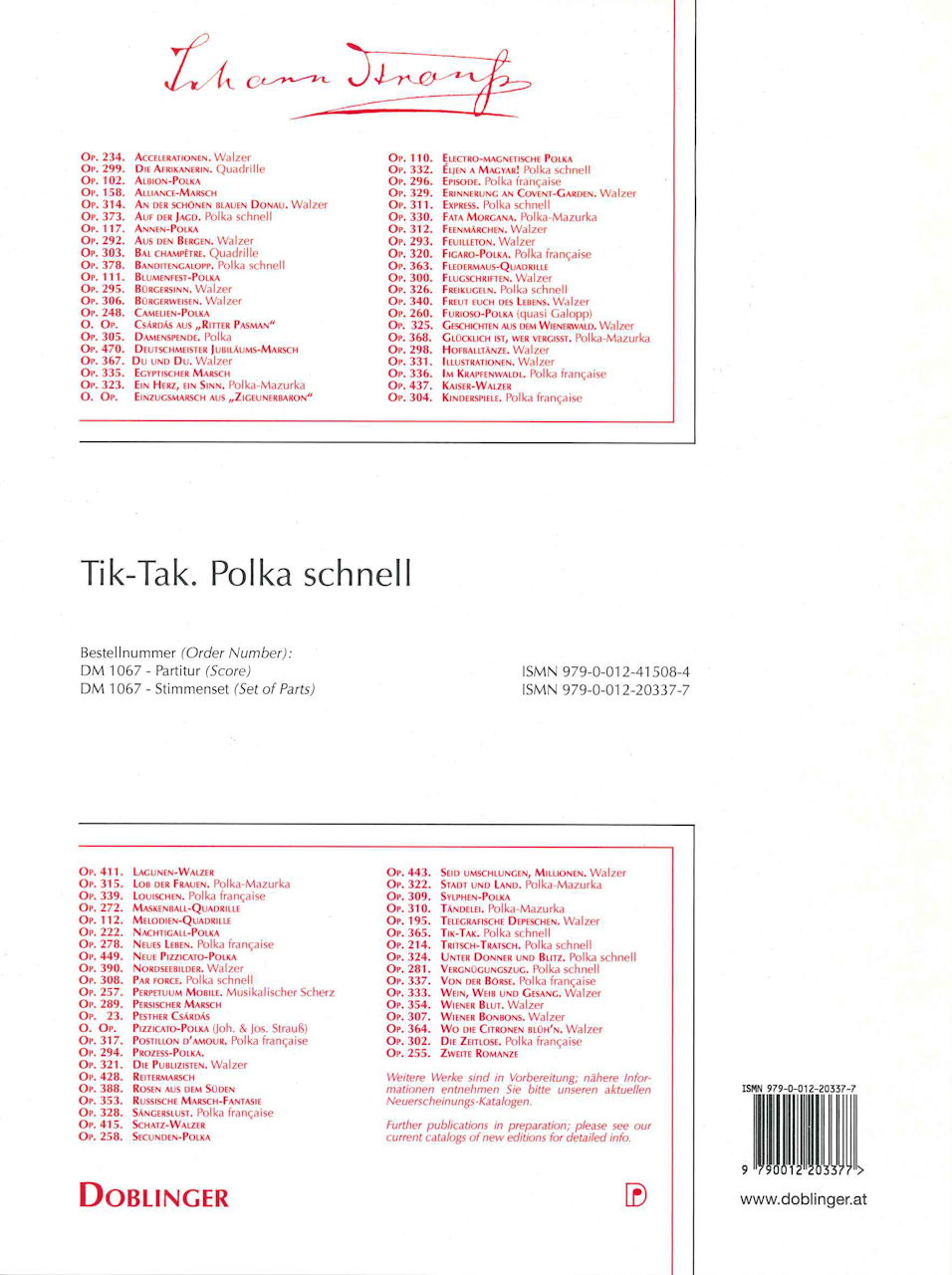Strauss,J., Tik-Tak. Polka schnell Parts (Doblinger)